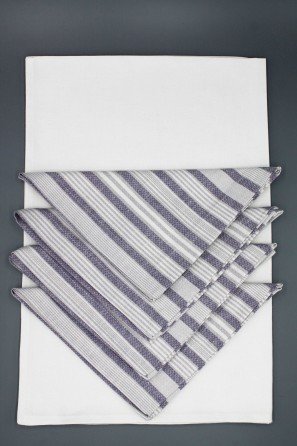 Juego Mantel de lino blanco (105 x 105 cm) con 4 servilletas lino crudo, gris y morado